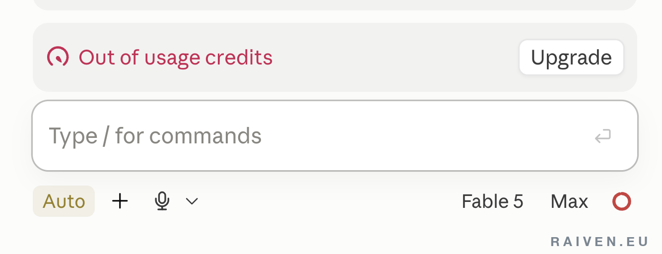 Claude's own composer bar: Out of usage credits, with an Upgrade button