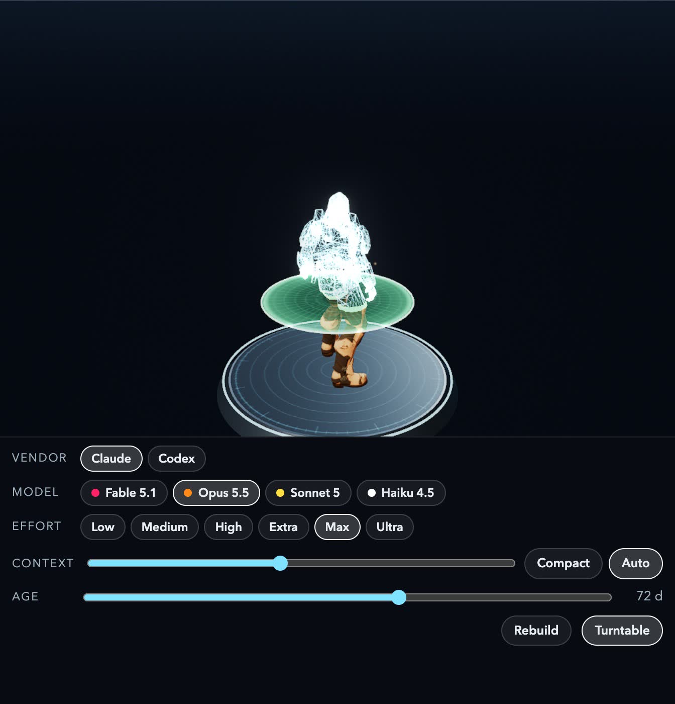 Our agent avatar building from its wireframe under a green scanning plane on a pedestal, above its controls: vendor, model, effort, context, age, rebuild and turntable.