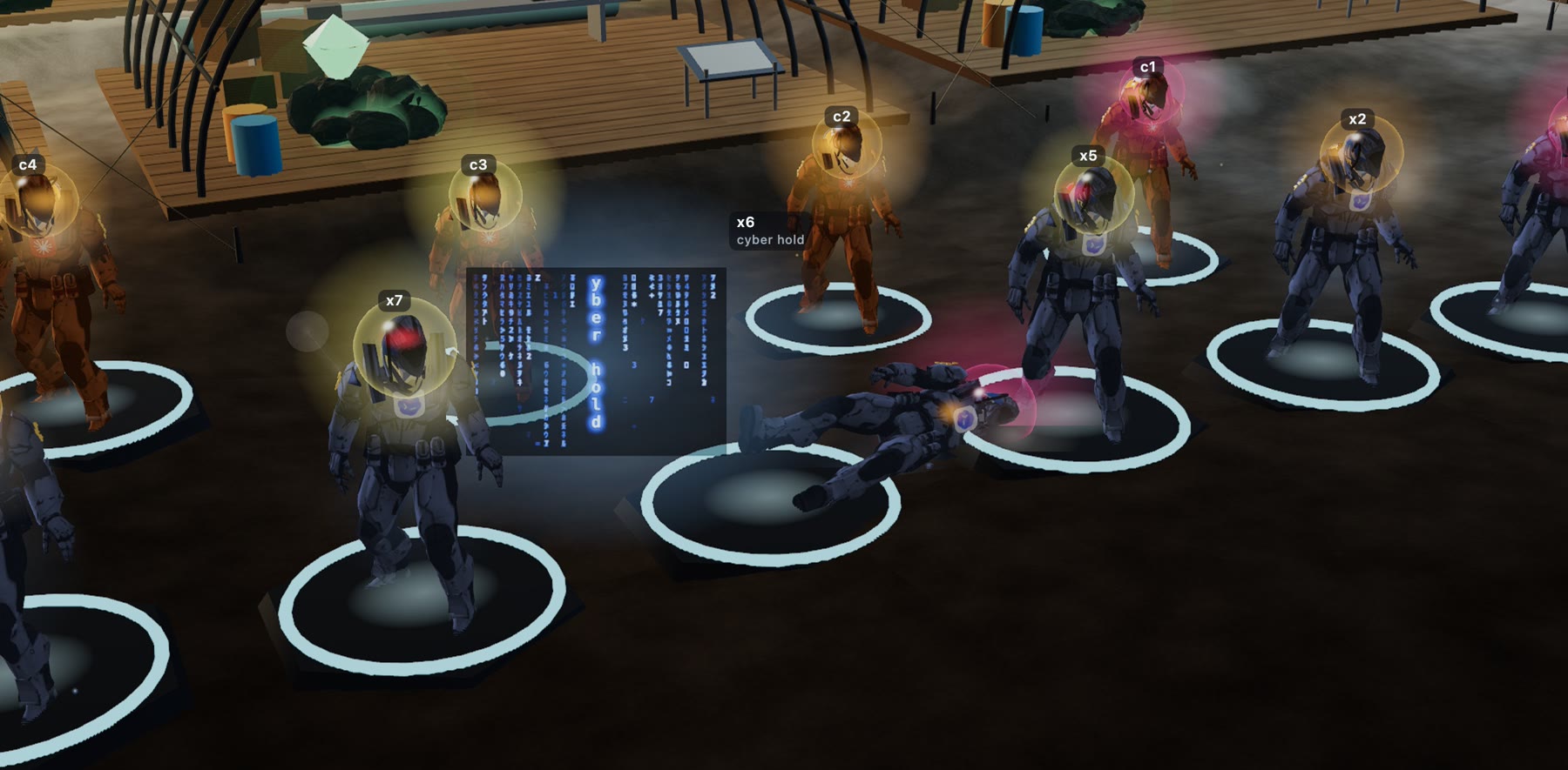 Before dawn on 13 September: x6 lies beside its pad next to a blue screen that reads cyber hold, while the rest of the crew stand on their pads.