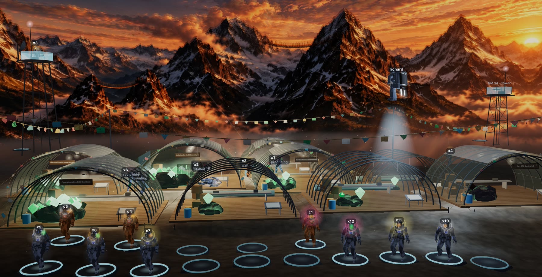 The outpost at 17:00 on 4 September, replayed from the record: glass hangars under sunset mountains, green diamonds of finished work on the sprints' piles, a few agents at their benches, the rest of the crew as robots standing on their pads, and the operator hovering above the camp.