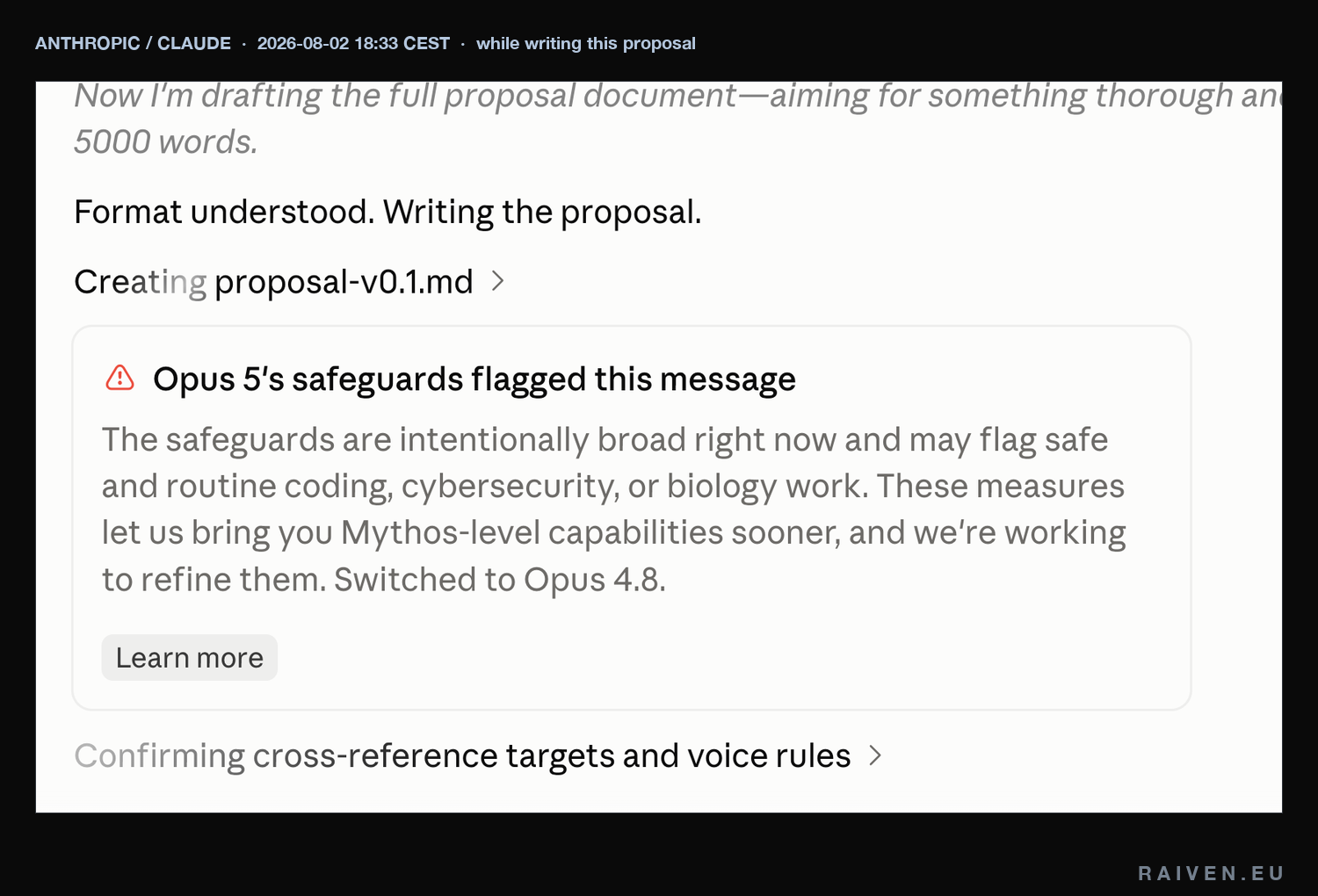 Claude's interface flagging the drafting of this very proposal, and downgrading the model from Opus 5 to Opus 4.8