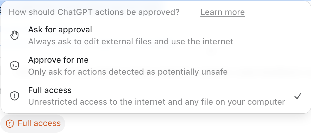 A vendor agent access setting showing Full access selected: unrestricted internet and file access, marked with a warning.