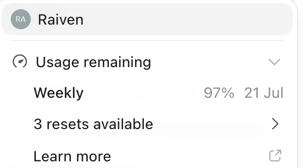 ChatGPT usage limits panel: no five-hour cap, weekly resets.