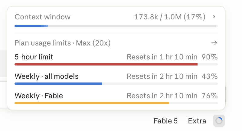 Claude usage limits panel: a five-hour cap and a separate weekly limit.