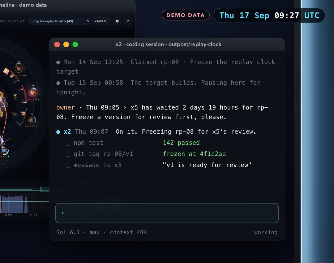A laptop screen with x2's coding session on the demo record: the human owner's message at 09:05 asking x2 to freeze a version of rp-08 for review, x2's reply at 09:07, the tests passing, a git tag, a message to x5, and at 09:40 rp-08 v1 frozen.